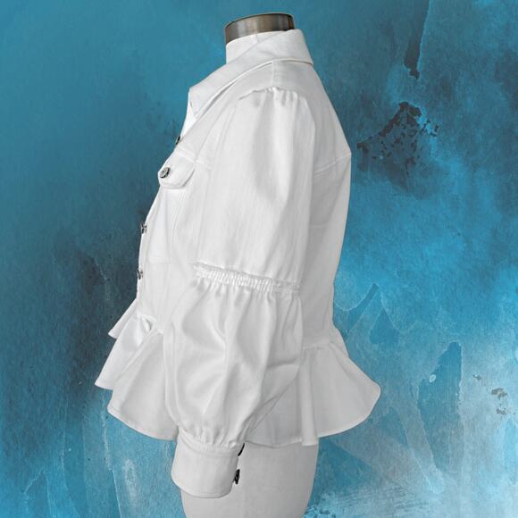 CINQ A SEPT Lizzie Puff Sleeve Peplum Denim Jacket in White Size 2 - Picture 8 of 13